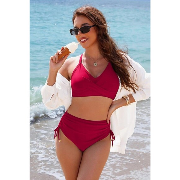 Womens Tummy Control Bathing Suit Modest High Waisted Bikini Set red size Medium - Picture 4 of 15